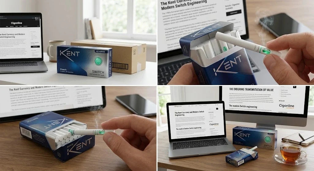 Kent 20s Switch Viet Nam cigarette pack and carton displayed next to the Cigonline Australia blog review on modern recessed filter technology