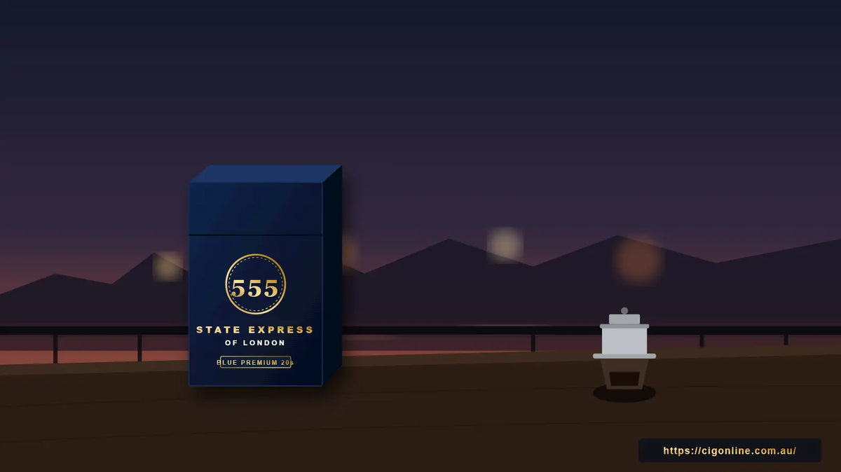 555 Yellow Slim 20s Vietnam edition pack on a modern rooftop terrace overlooking a scenic golden hour skyline - cigonline.com.au