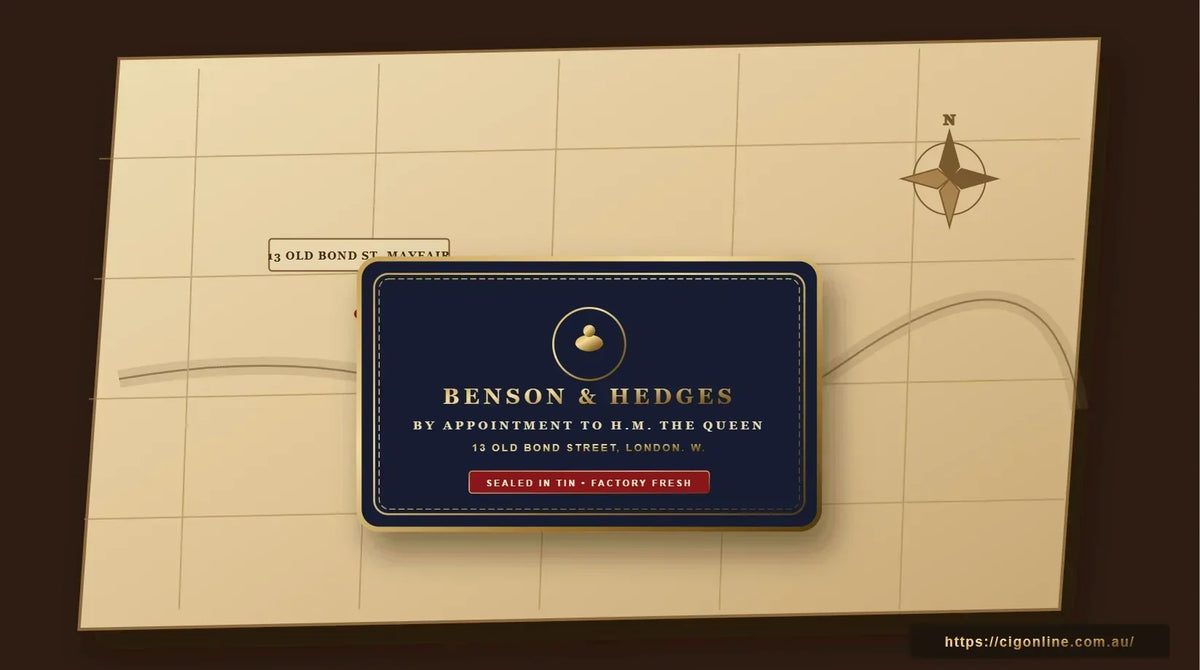 Antique vintage Benson & Hedges sealed tobacco tin box resting on an antique map of 1870s London - cigonline.com.au