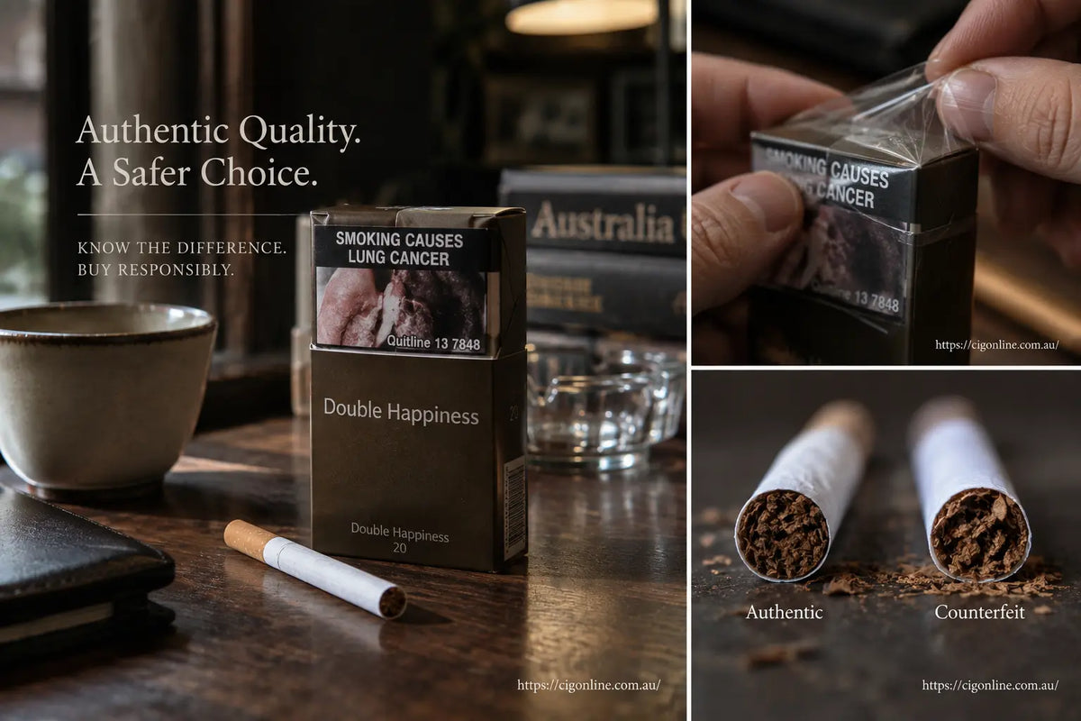 Inspection of authentic Australian plain packaging Double Happiness cigarette pack showing crisp BOPP cellophane seal at cigonline.com.au
