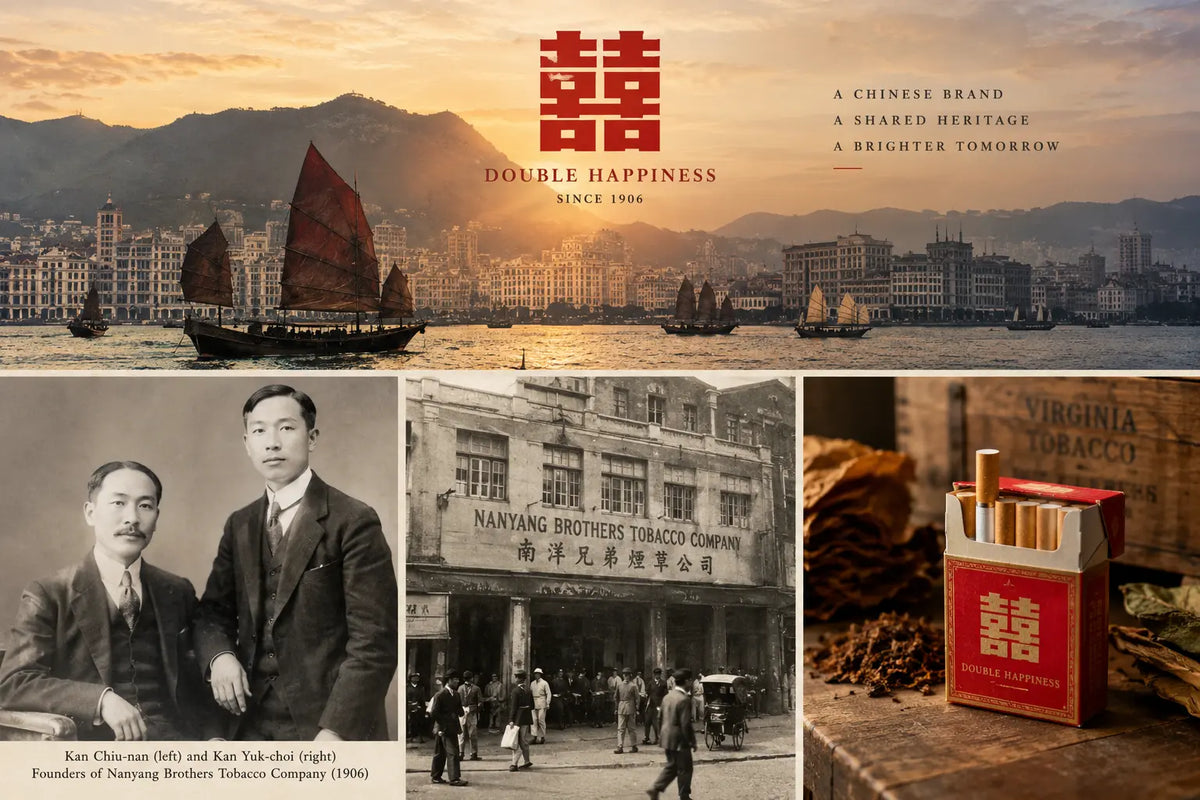 Historical archive desk featuring vintage portrait of Kan Chiu-nan founder of Double Happiness and modern Australian plain pack at cigonline.com.au