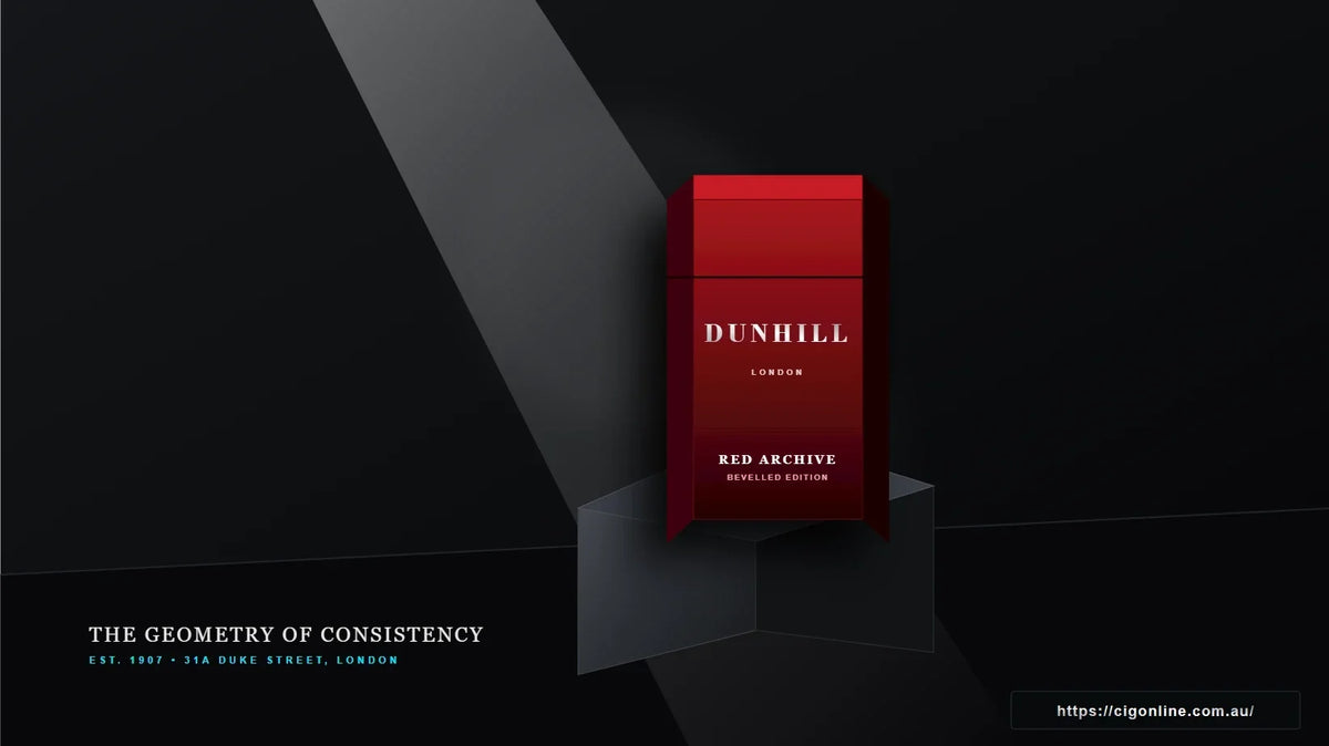 Sculptural Dunhill cigarette pack on a geometric obsidian pedestal with dramatic chiaroscuro lighting - cigonline.com.au