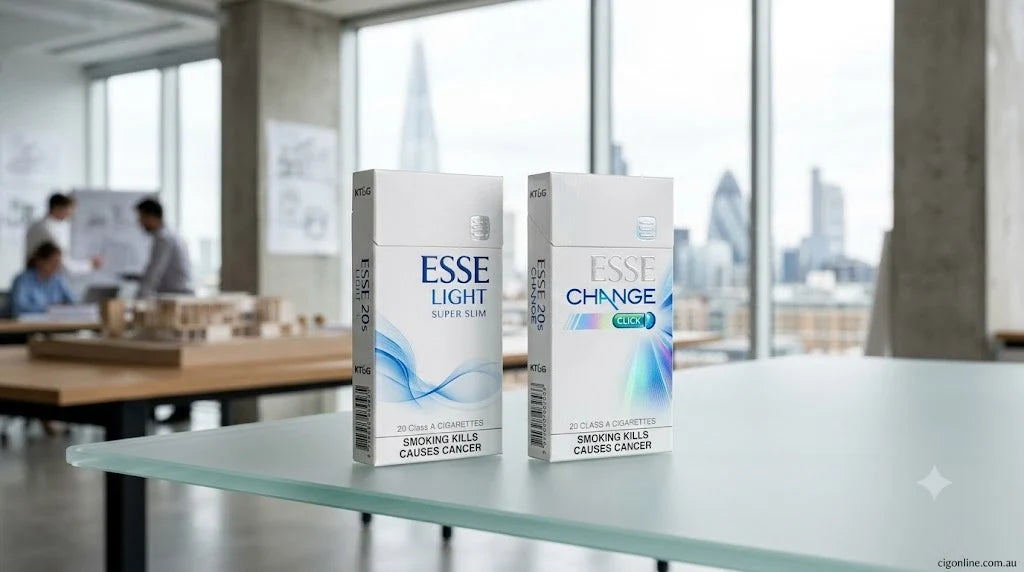 Real Esse 20s Light Super Slim and Esse 20s Change cigarette packs on a modern frosted glass studio desk - cigonline.com.au