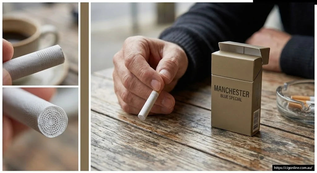 Candid photo comparing different drab brown Manchester Cigarettes plain packs, including Red, Blue Special, and Double Drive varieties