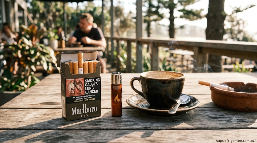 Authentic Australian plain packaging Marlboro cigarette packs on a rustic wooden cafe table in natural morning sunlight at cigonline.com.au