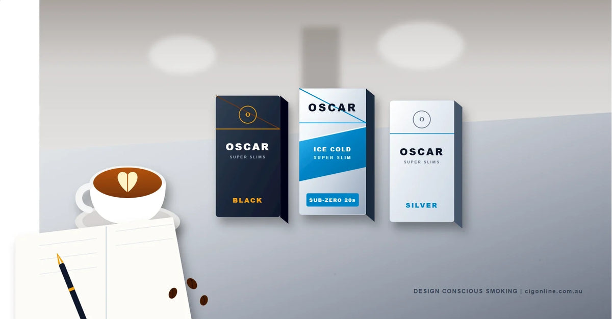 Oscar Super Slim cigarette collection including Ice Cold standing on a stone cafe table next to a cup of latte at cigonline.com.au