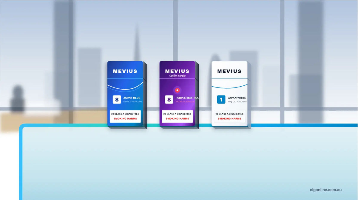 Mevius 20s Japanese Blue 8, Purple 8 Menthol, and White 1mg cigarette packs displayed beside a laptop on Cigonline Australia