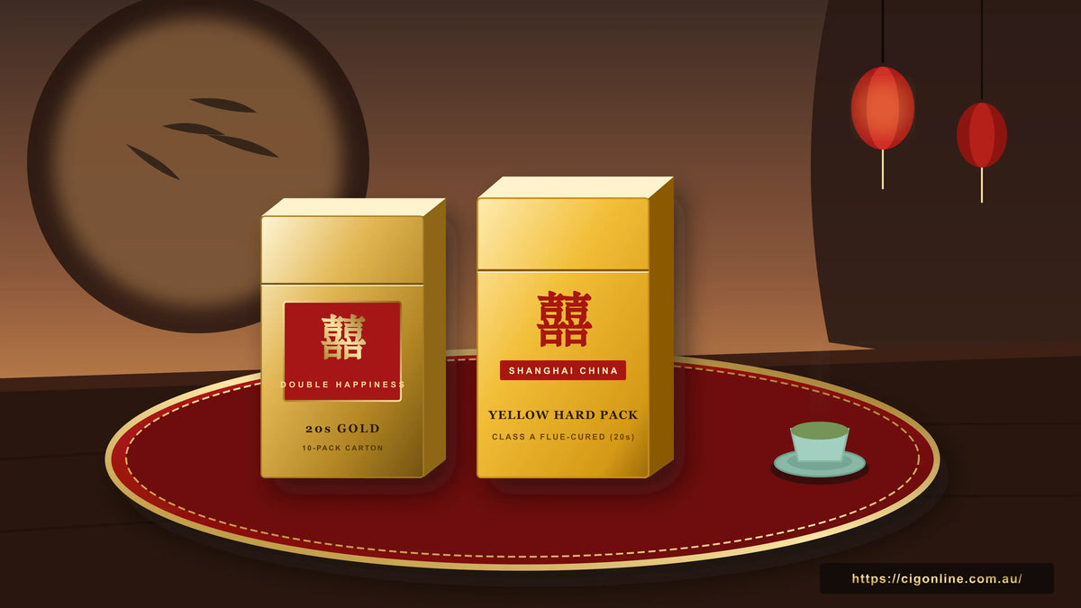 Double Happiness Cigarettes 20s Gold and Yellow Hard packs displayed on a ceremonial red lacquer tray in a traditional courtyard - cigonline.com.au