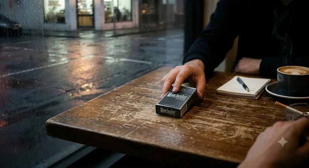 A matte pack of Manchester Cigarettes resting on a wooden café table on a damp evening - cigonline.com.au