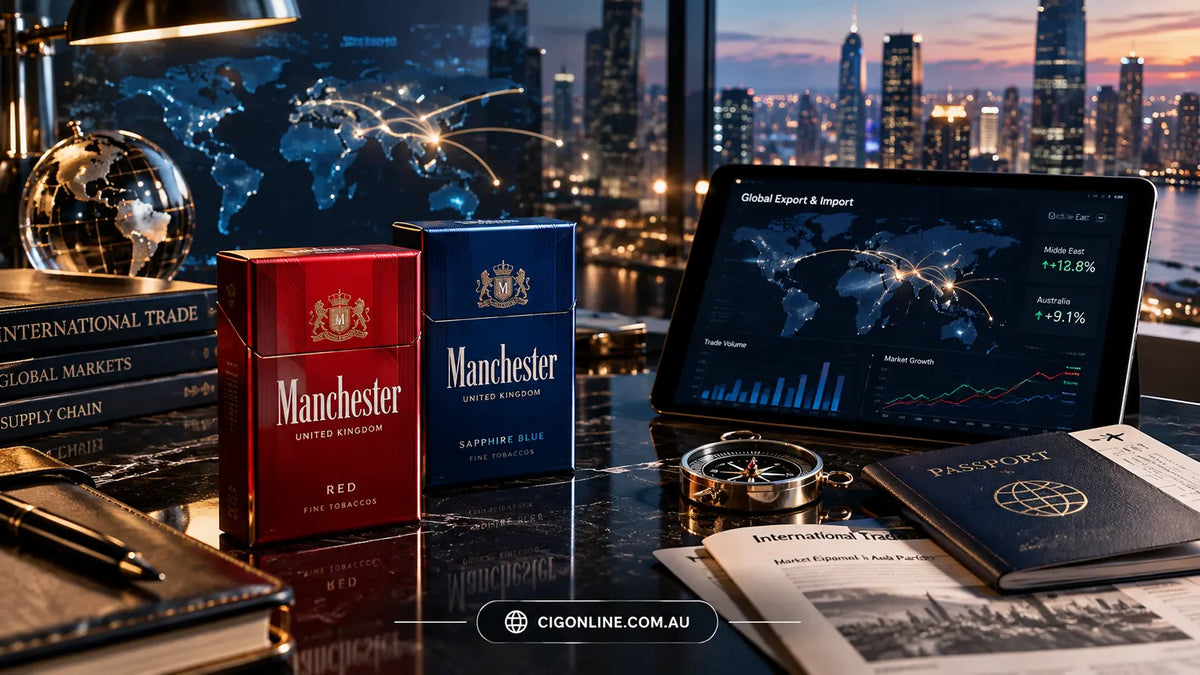 Manchester Red and Sapphire Blue cigarette packs displayed with a global trade map and international market analysis in a modern office.