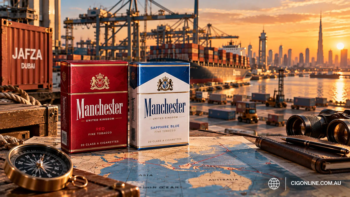 Manchester Red and Sapphire Blue cigarettes pictured with shipping routes, containers and port infrastructure representing global distribution from Dubai.