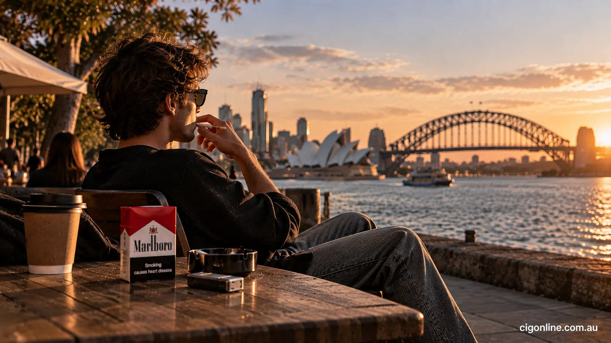 Adult smoker at a Sydney waterfront café with a Marlboro cigarette pack on the table.