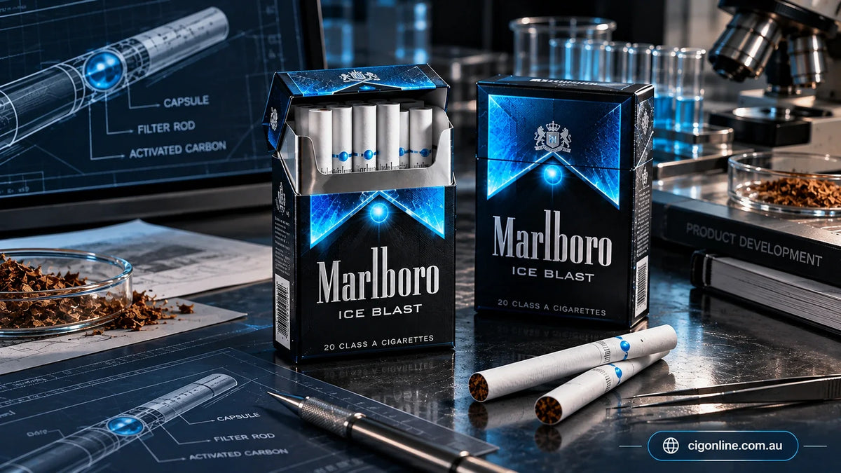 Marlboro Ice Blast cigarette packs and capsule-filter cigarettes displayed alongside technical diagrams illustrating menthol capsule and activated carbon filter technology.