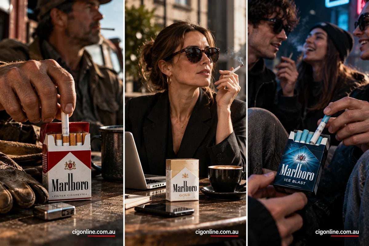 Adult smokers from different generations at an Australian café with Marlboro Red, Gold and Ice Blast cigarettes.