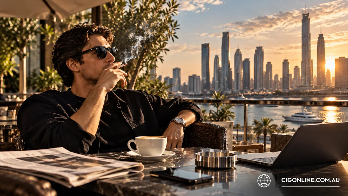 Adult smoker having a cigarette with coffee at an outdoor café, illustrating modern cigarette habits, daily routines and smoking culture.